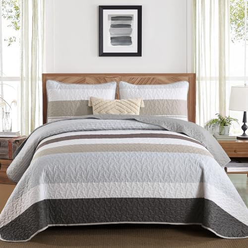 Dinjoy Boho Quilt Set Full Size,3 Pieces Grey Striped Bedspreads,Soft Microfiber Quilted Quilts Bedding Set with 2 Pillow Shams Lightweight Coverlet 78"x90" for Summer Fall Bed Dinjoy