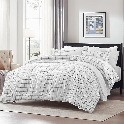 SLEEP ZONE Dorm Comforter Twin XL, 5 Pieces Geometric Plaid Pattern Printed Soft Microfiber Bedding, Breathable & Soft Bed in A Bag (Grey Grid White, Twin XL) SLEEP ZONE