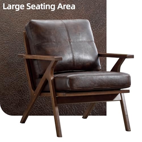 INZOY Mid-Century Modern Accent Chair with Wood Frame Set of 2, PU Leather Living Room Chair and Soft Thick Padded Armchair for Living Room Bedroom Reception with Removable Upholstered Cushions, Brown INZOY