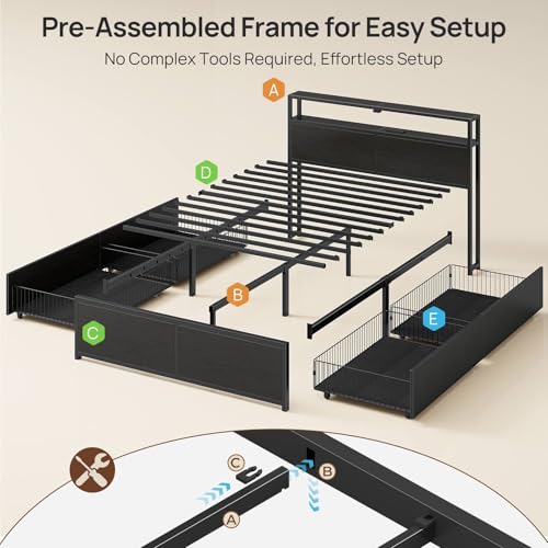 Rolanstar Queen Bed Frame with 4 Storage Drawers, Charging Station and LED Lights, Metal Platform Bed with 2-Tier Storage Headboard, No Box Spring Needed, Easy Assembly, Noise-Free, Black Rolanstar