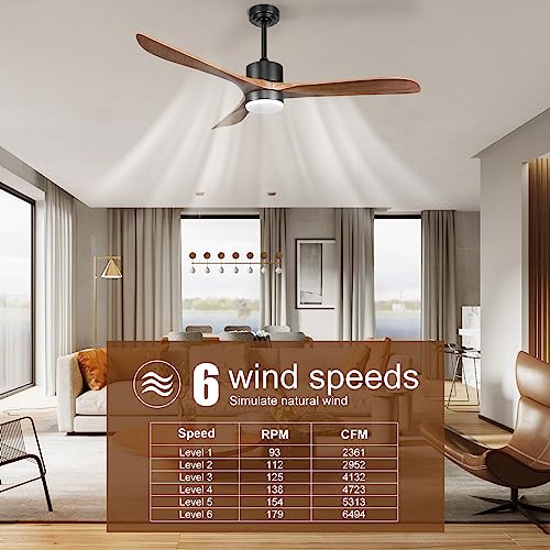 Wisful Ceiling Fans with Lights Remote Control, 56" Outdoor Wood Ceiling Fan with Light Memory for Patio Gazebo Living Room Bedroom, Walnut & Matte Black Wisful