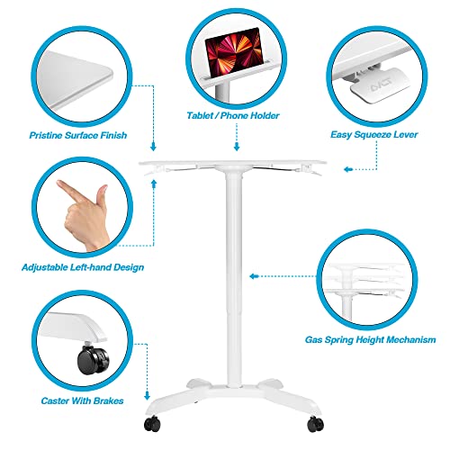 AVLT 48" Ambidextrous Standing Desk, Mobile Adjustable Height Rolling Laptop Desk, Folding Computer Projector Cart with Brake Casters, Portable White Desk for Home Office AVLT