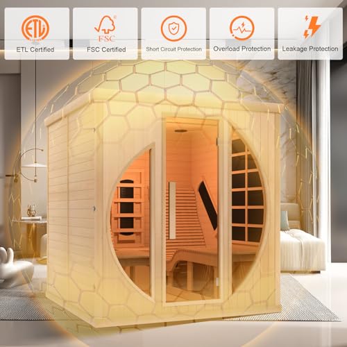 iDOTODO Infrared Wooden Sauna Room with Recliner, 2 Person Infrared Home Sauna, 220V,3400W, 5 Heating Tubes, 4 Carbon Crystal Heating Panel, Bluetooth Speakers, 7 Color Light, Oxygen Bar iDOTODO