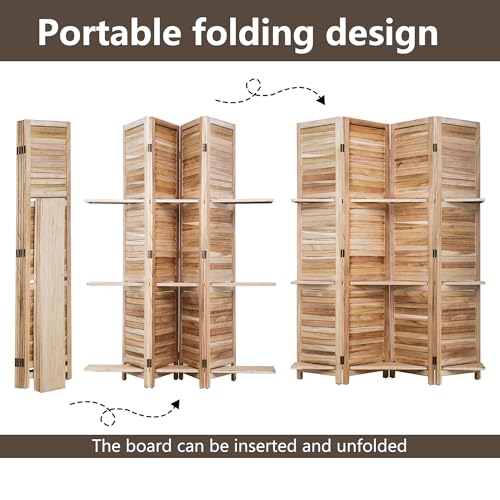 FDW 4 Panel Room Divider Folding Privacy Wooden Screen with Three Clever Shelf Portable Partition Wood Divider for Home Office, Natural Wood FDW