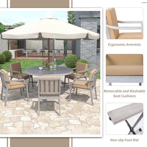 VilroCaz 6-Person Acacia Wood Outdoor Dinning Set, All-Weather Outdoor Round Dining Table with Umbrella Hole and 6 Cushion Chairs for Patio Backyard Garden VilroCaz