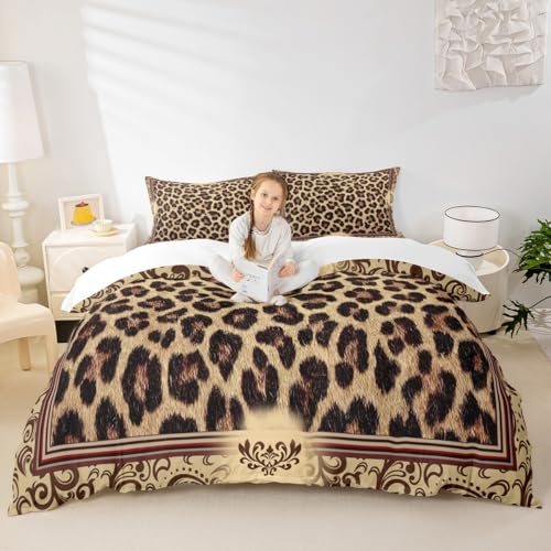 Brown Leopard Print Duvet Cover Set King Size,Kids Girls Woman Novelty Room Decor,Abstract Wild Animal Skin Comforter Cover,Paisley Floral Boho Bedding Set,Rustic Retro Quilt Cover,2 Pillowcases Homewish