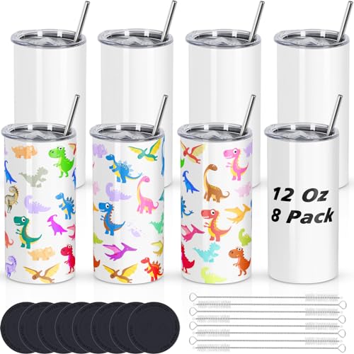 Draheri 12 Oz Sublimation Tumblers Blanks Bulk, Sublimation Cups for Kid with Straw and Brush, Stainless Steel Double Wall Insulated Sublimation Mugs, Individually Boxed (8 Pack) Draheri