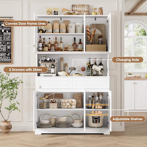 FACBOTALL 74" Pantry Cabinet, Tall Kitchen Pantry Cabinet with 6 Doors and 2 Drawers, Kitchen Hutch with Wide Countertop, Modern Kitchens Cupboard with Adjustable Shelves and Charge Holes, White FACBOTALL