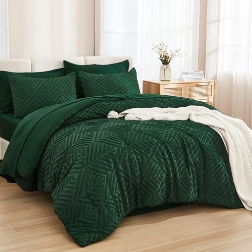 Andency Queen Comforter Set 7 Piece Dark Emerald Green - Bed in a Bag Queen Boho Lightweight Fluffy Tufted Bedding Sets with Comforter, Sheets, Pillowcases & Shams Andency