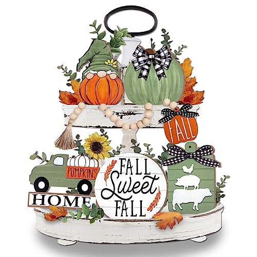 Uruney Fall Tiered Tray Decor, Green Farmhouse Pumpkin Tray Decorations, Gnome Truck Buffalo Plaid Wooden Signs Bead Garland, Rustic Thanksgiving Harvest Autumn Decorations for Home Table Shelf Uruney