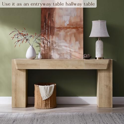 JXQTLINGMU 63" Long Wood Console Table with Storage Drawer, Modern Entryway Table, Sofa Table Behind Couch, Farmhouse Console Tables for Entryway Hallway Living Room, Natural Oak JXQTLINGMU
