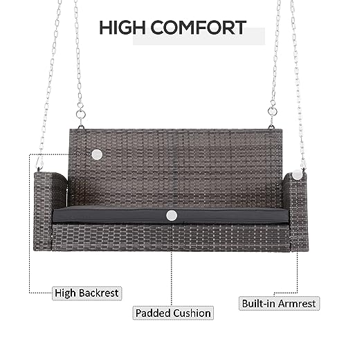 Outsunny 2 Person Wicker Hanging Swing Bench, Front Porch Swing Outdoor Chair with Cushions 550 lbs. Weight Capacity for Backyard, Garden, Grey Outsunny