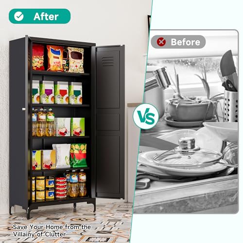 Metal Storage Cabinet with Doors and Shelves,Metal Pantry Cabinet,Black Craft Storage Cabinet,Ventilated Pantry Storage Cabinet,Tall Large Closet Cupboard for Home,Kitchen,Dining/Living/Laundry Room SISESOL