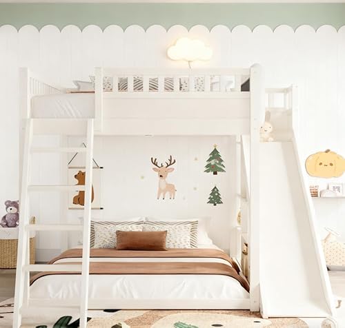 Bellemave Bunk beds Full Over Full with Slide and Stair and upholstered headboard, Low bunk/loft Bed for Kids,Beige Bellemave