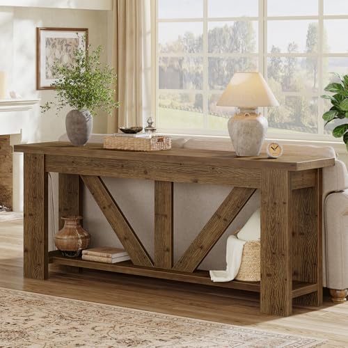 TRIBEWOOD Solid Wood Sofa Table, 70.9 Inches Extra Long Console Table with 2 Tiers Storage Shelves, Rustic Entryway Table Behind Couch Table for Living Room, Hallway, Foyer, Brown TRIBEWOOD