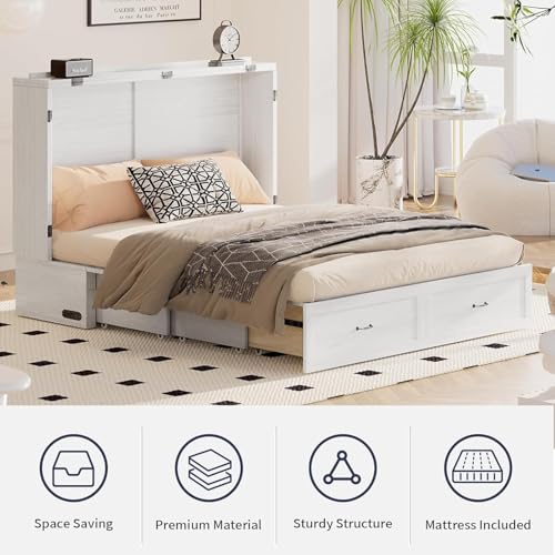 ijuicy Queen Size Murphy Bed with Mattress Included, Farmhouse Murphy Cabinet Bed with Multifunctional Charging Station & Storage Drawers,Space-Saving Hideaway Bed for Guests-Pure White,with Mattress
