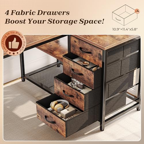 PRAISUN 43.3" Small Computer Desk with Power Outlets and USB-C Port, Reversible L Shaped Corner Office Desk with 4 Fabric Drawers and 2 Height-Adjustable Shelves, for Gaming Writing, Rustic Brown PRAISUN