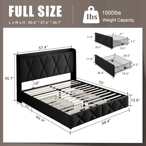 Einhomn Full Size Bed Frame with 4 Storage Drawers and Charging Station, Upholstered Platform Bed Frame with Storage Headboard, No Box Spring Needed, Easy Assembly, Black Einhomn