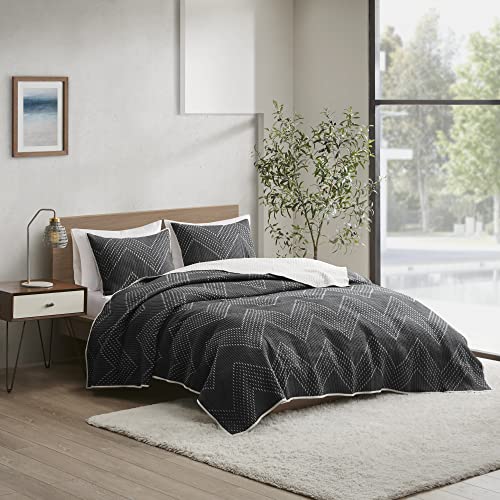 Ink+Ivy Reversible Cotton Quilt Set - Trendy Chevron Design Summer Cover Breathable Coverlet, Lightweight All Season Bedding Layer for Winter, Matching Shams, Full/Queen(88"x92"), Black 3 Piece INK+IVY