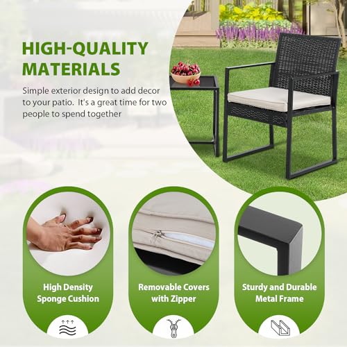 PayLessHere 3-Piece Rattan Wicker Bistro Set Outdoor Conversation Set Sturdy Frame Wicker Furniture with 2 Chairs Cushions Tempered Glass Table for Poolside Balcony Patio Bar Garden (Khaki) PayLessHere