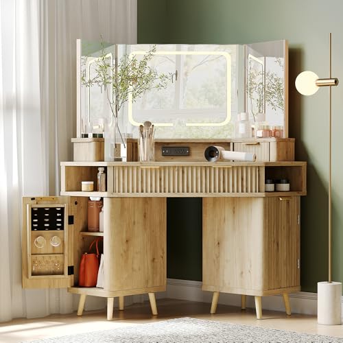 ENSTVER Corner Vanity with Clear Glass Top, 47" Corner Makeup Vanity Desk with Large Mirror and Lights, Fluted Wooden Vanity Wall-Mounted Jewelry Storage for Bedroom, Oak ENSTVER
