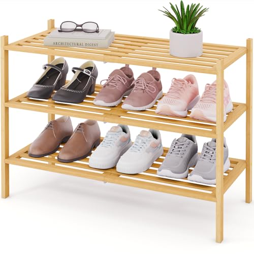 Smiry Bamboo Shoe Rack 3-Tier, Stackable Wooden Shoe Organizer for Entryway & Closet, Free Standing Wood Shoe Storage Shelf for Front Door & Small Spaces, Natural Smiry