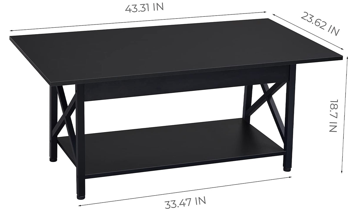 GreenForest Black Coffee Table with Storage Shelf 43.3 x 23.6 inch, 2 Tier Rectangular Center Table for Living Room, Modern Farmhouse Small Table for Home Office,Easy Assembly GreenForest