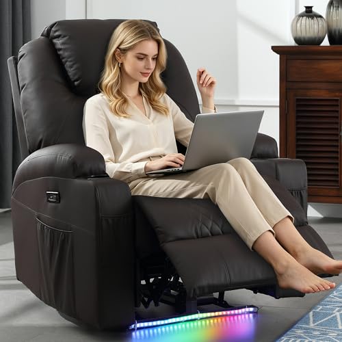 IBTKIG Power Recliner Chair with Massage and Heat, Leather Home Theater Seating with LED Lights/Cup Holders/Side Pocket/USB Port, Reclining Sofa Chair for Living Room (1, Brown)