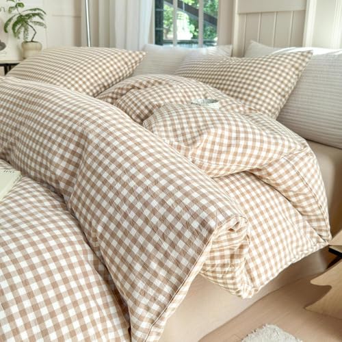 LifeTB Queen Comforter Set Tan Gingham Comforter Modern Style Beige Plaid Comforter Set 3 Pieces Fluffy Grid Checkered Comforter with 2 Pillowcases Boho Gingham Bedding Set Queen Size LifeTB