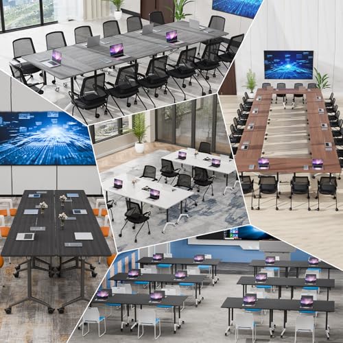 JEHUJD Conference Table,2 Pack Folding Conference Room Tables with Wheels,Mobile Training Modular Flip Top Nesting Table, Rolling Meeting Stackable Tables for Office Seminar Room(47.2'',Grey) JEHUJD