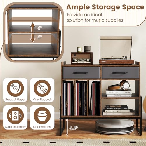 Giantex Large Record Player Stand with Charging Station, Modern Turntable Stand w/2 Fabric Drawers & Adjustable Shelf, Record Player Table, Vinyl Record Storage for Living Room (Rustic Brown) Giantex