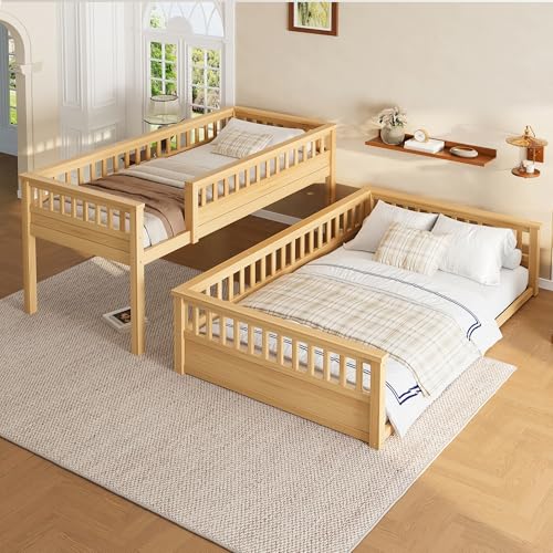 Bellemave Twin Over Full Bunk Bed for Kids/Adults,Floor Bunk Beds with Inclined Ladder,Solid Wood Low Bunk Bed for Teens,Girls,Boys,Detachable,Natural Bellemave