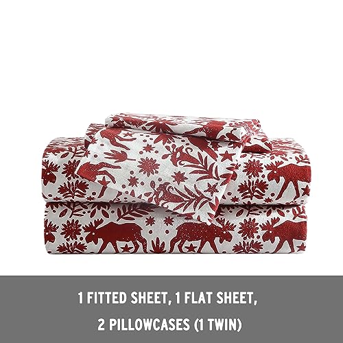 Eddie Bauer 3 Pc Flannel Sheets Twin Size - 100% Cotton Breathable & Soft Twin Sheets Set (1 Flat, 1 Flannel Fitted Sheet & 1 Pillowcase) - 12" Deep Pocket All Seasons Sheet Set (Arcadia Red) Eddie Bauer
