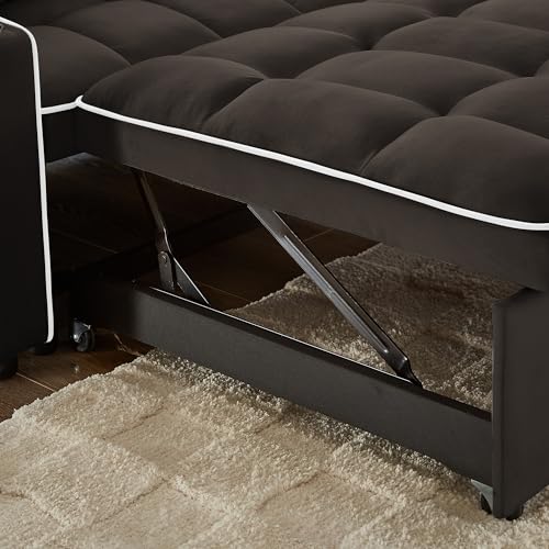 3-in-1 Convertible Loveseat Sleeper Sofa with Cup Holders & Phone Holder, Futon Couch with Pull Out Bed and Adjustable Backrest, Modern Velvet Chaise Lounge for Living Room Bedroom (Brown, 54.7") SLEERWAY