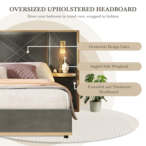 Merax King Bed Frame with 2 Built-in Led Lights and 2 Floating Storage Shelves, Luxury Velvet Upholstered Platform Bed Frame King Size with Wingback Headboard for Bedroom, No Box Spring Needed, Grey Merax
