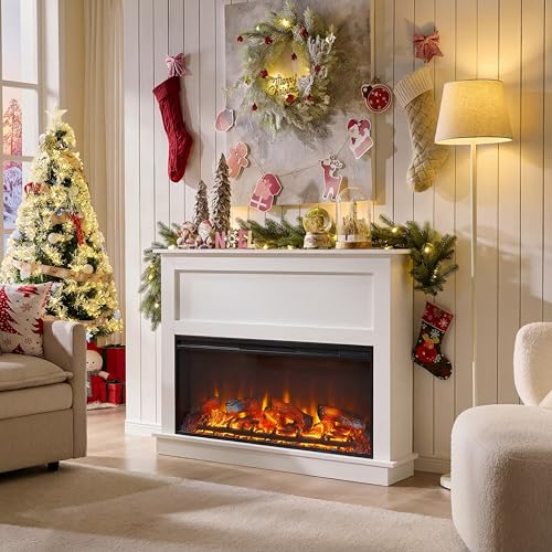 Andehomy 51" Farmhouse Electric Fireplace TV Stand with Mantel, 42" Insert Electric Fireplace Heater with Remote Control, Adjustable 3D Flame Effect, White Andehomy