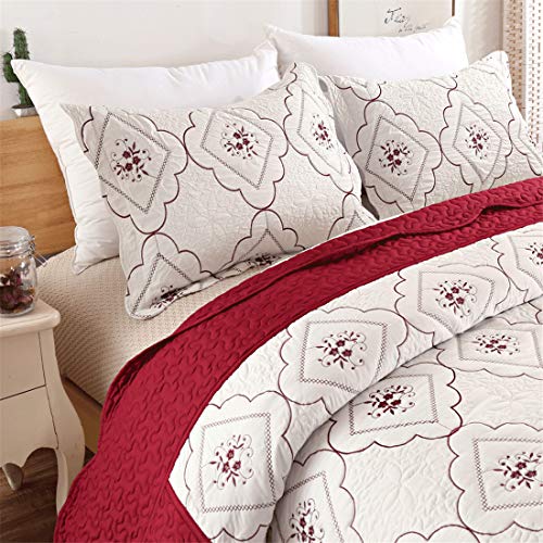 Oliven 3 Pcs Embroidered Quilt Full/Queen Size Floral Bedspread Soft Breathable Flower Coverlet Burgundy White Bed Cover Embroidered Bedding Christmas Bed Home Decor Oliven