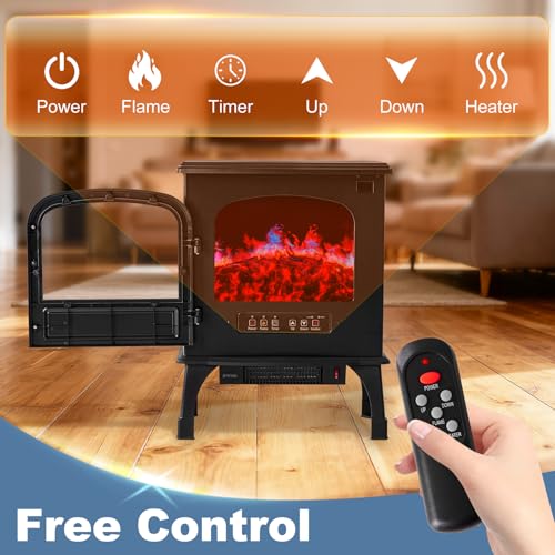 DUMOS 26” Freestanding Electric Fireplace Heater, Electric Fireplace Stove with 3D Flame Effect & Remote Control, Stylish Stove for Home with Safety Features, Adjustable Heat & 12H Timer, Inky DUMOS
