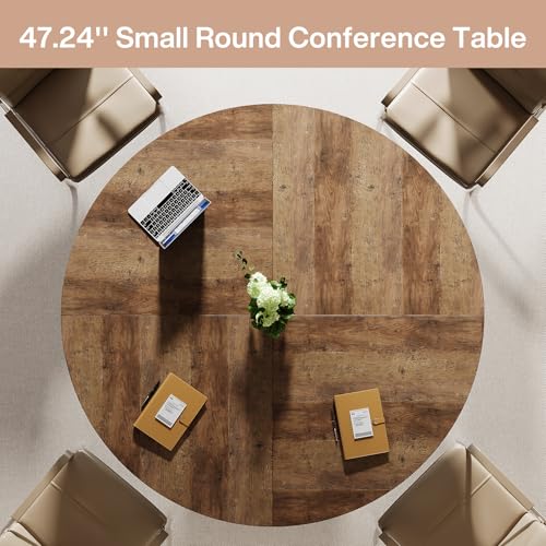 Tribesigns 47-Inch Round Conference Table, Meeting Table for 4-6 People, Small Office Desk with Sturdy MDF + Metal Base, Perfect for Conference Room or Small Workspaces, Brown + Black Tribesigns