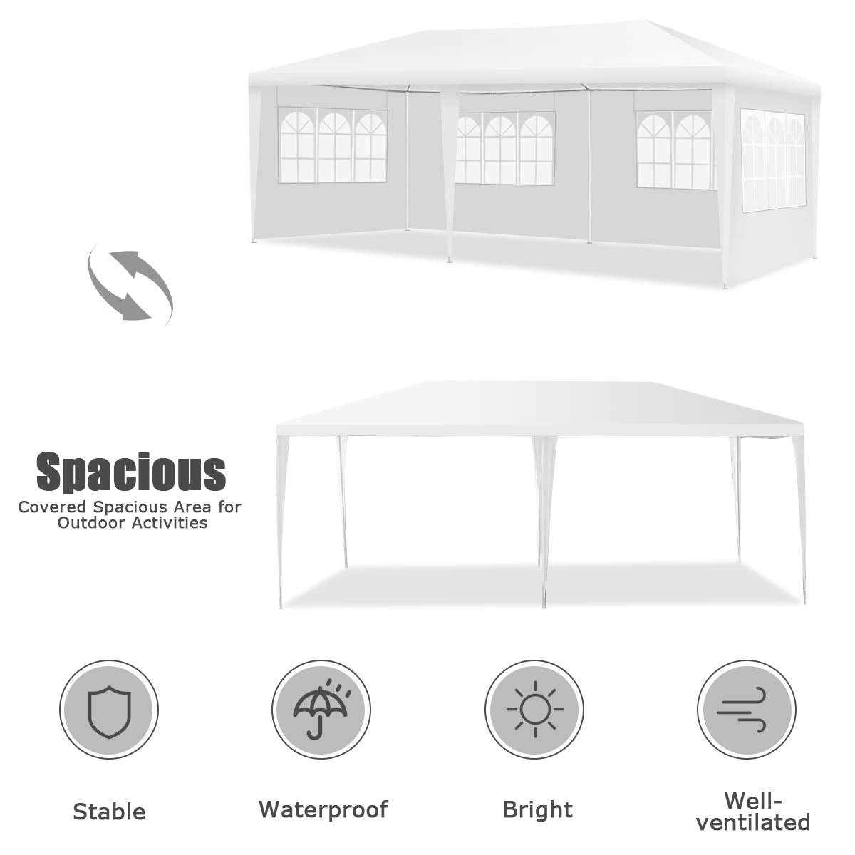 Tangkula Outdoor 10 x 20 Feet Canopy Tent, Party Wedding Tent with Removable Walls, Portable Canopy Shelter Gazebo Pavilion for Event, Backyard, White Tent w/Carry Bag (4 Sidewalls) Tangkula