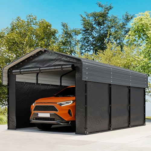 10x15FT Heavy Duty Metal Carport, Outdoor Carport Canopy with Galvanized Steel Roof and Reinforced Base,Removable Sidewalls & Door, Garage Shelter Shade for Cars,Trucks, Boats, Gray Real Relax