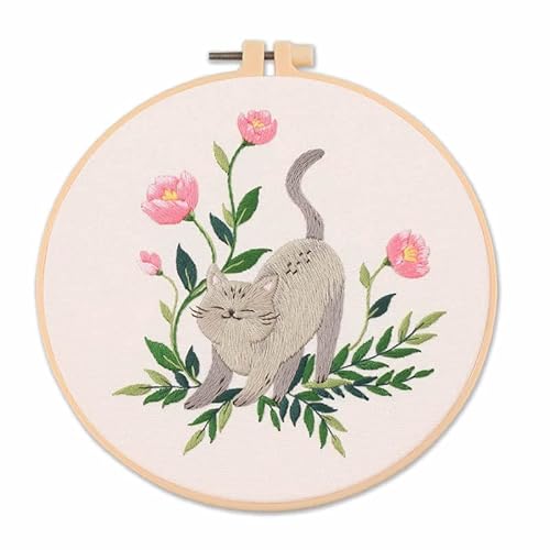 Amiiba Embroidery Starter Kit with Stretching Cat Pattern, DIY Full Range Stamped Embroidery Cross Stitch Kits for Beginners Adults (Stretching Cat)