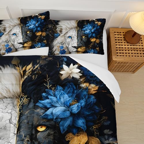 lneffble Lion Print Comforter Set King Size for Kids Boys,Black White Lion and Flower Pattern Bedding Set,Microfiber Tropical Safari Wild Animal Quilt Set with 2 Pillowcases lneffble
