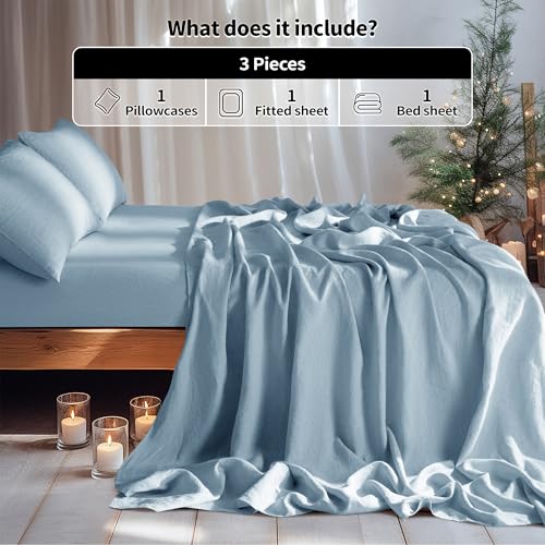 LBRO2M 100% Linen Sheet Set Twin XL Size,Bed Sheets 3 Piece Sets,Solid Color Natural Flax Bed Sheets Soft Breathable Bedding,16" Deep Pocket,All Season (Twin XL, Dusty Blue) LBRO2M