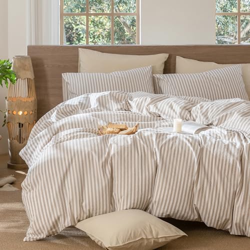 MooMee Striped Duvet Cover Set 100% Washed Cotton Linen Like Textured Breathable Durable Soft Comfy (Tannish Linen Grey White Classic Stripes, Queen 90"x90") MooMee