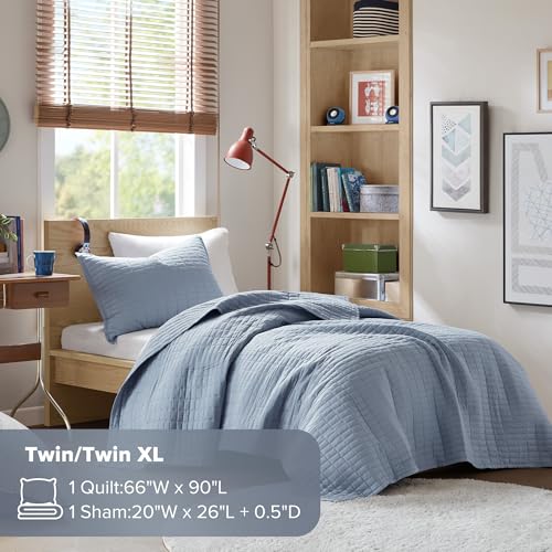 Comfort Spaces Kienna Quilt Set- Double Sided Stitching Design Summer Blanket, Lightweight, Soft, All Season Bedding Layer, Matching Sham, Blue, Coverlet Twin/Twin XL(66"x90") 2 Piece Comfort Spaces