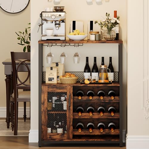 IDEALHOUSE Wine Bar Rack Cabinet with Light, Adjustable Shelves Coffee Bar Cabinet with Mesh Door and Baffle Design, 36 in Tall Small Liquor Bar Cabinet for Home, Kitchen, Dinning Room, Rustic Brown IDEALHOUSE