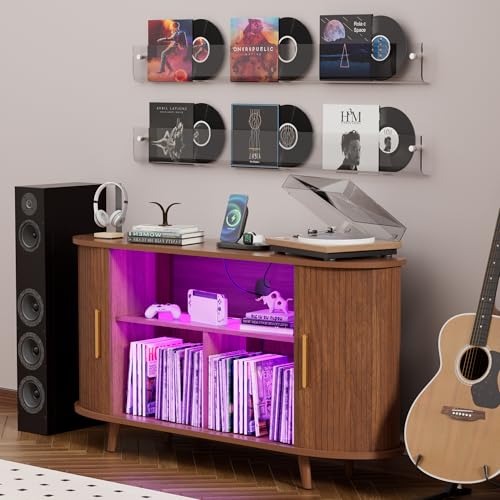 KSOBEBVT Record Player Stand with Vinyl Storage, Modern Media Cabinet with Charging Station & LED Lights, Sliding Door Turntable Stand, Audio-Visual Shelving Unit for Living Room (Walnut, 55") KSOBEBVT
