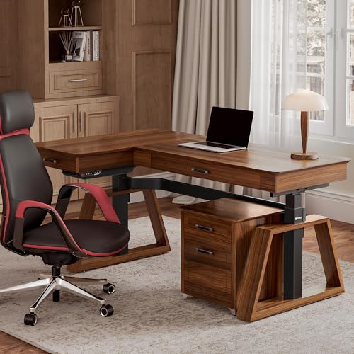 EUREKA ERGONOMIC L Shaped Desk 63", Solid Walnut Wood Top, Executive Standing Desk Adjustable Height, Dual Motor Corner Workstation with Drawers & Monitor Shelf for Home Office, Left EUREKA ERGONOMIC