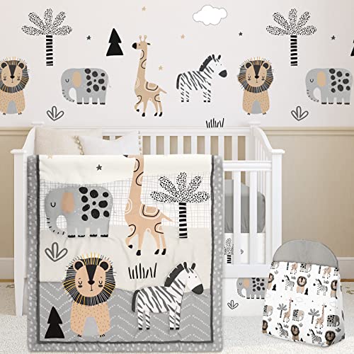 4 Piece Woodland Forest Animals Crib Bedding Set, Including Jungle Safari Crib Skirt, Blanket, Nursery Bed Sheet and Diaper Stacker, Soft Neutral Nursery Standard Size Baby Bedding for Baby Girls Boys Oudain